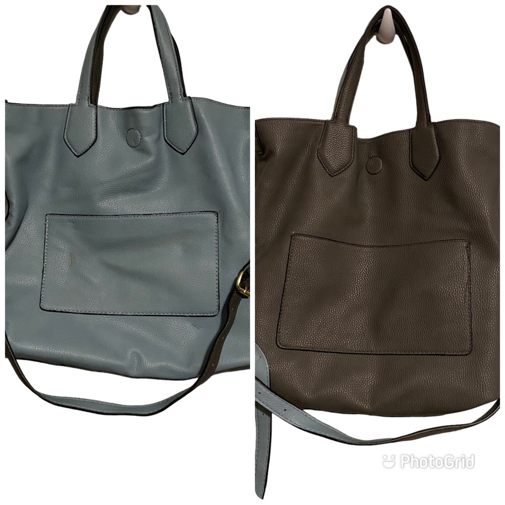 Womens Reversible Pebbled Faux Leather ? Tote Bag Purse Crossbody Blue Gray